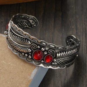 Brand New Takahashi Goro's Handmade Silver Feather Ruby Cuff Bracelet Bangle